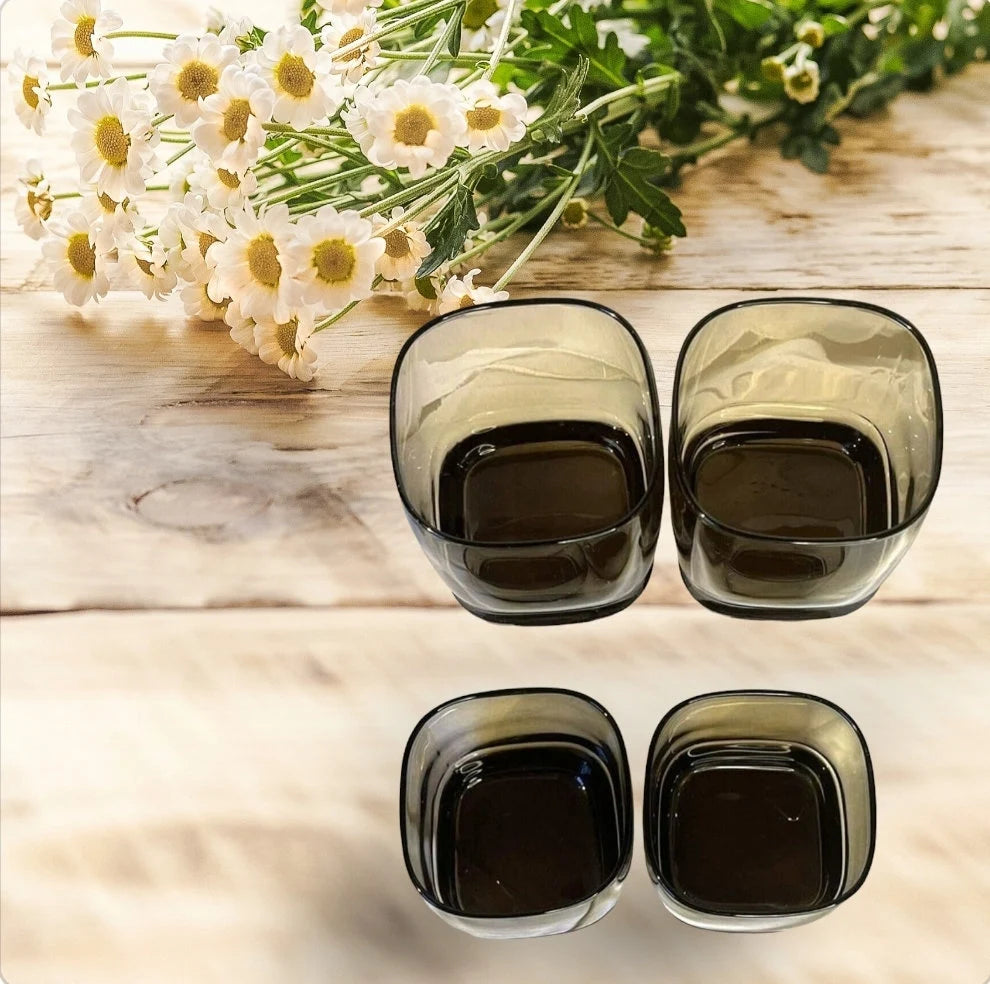 VTG Libbey Carrington Square Lowball Rocks Glasses Smokey Brown/Mocha Double Old-Fashioned Glasses Made USA Set of 4 MCM - Timeless Treasures Emporium1
