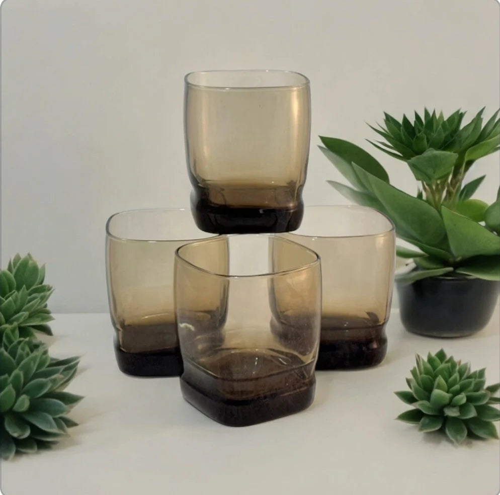 VTG Libbey Carrington Square Lowball Rocks Glasses Smokey Brown/Mocha Double Old-Fashioned Glasses Made USA Set of 4 MCM - Timeless Treasures Emporium1