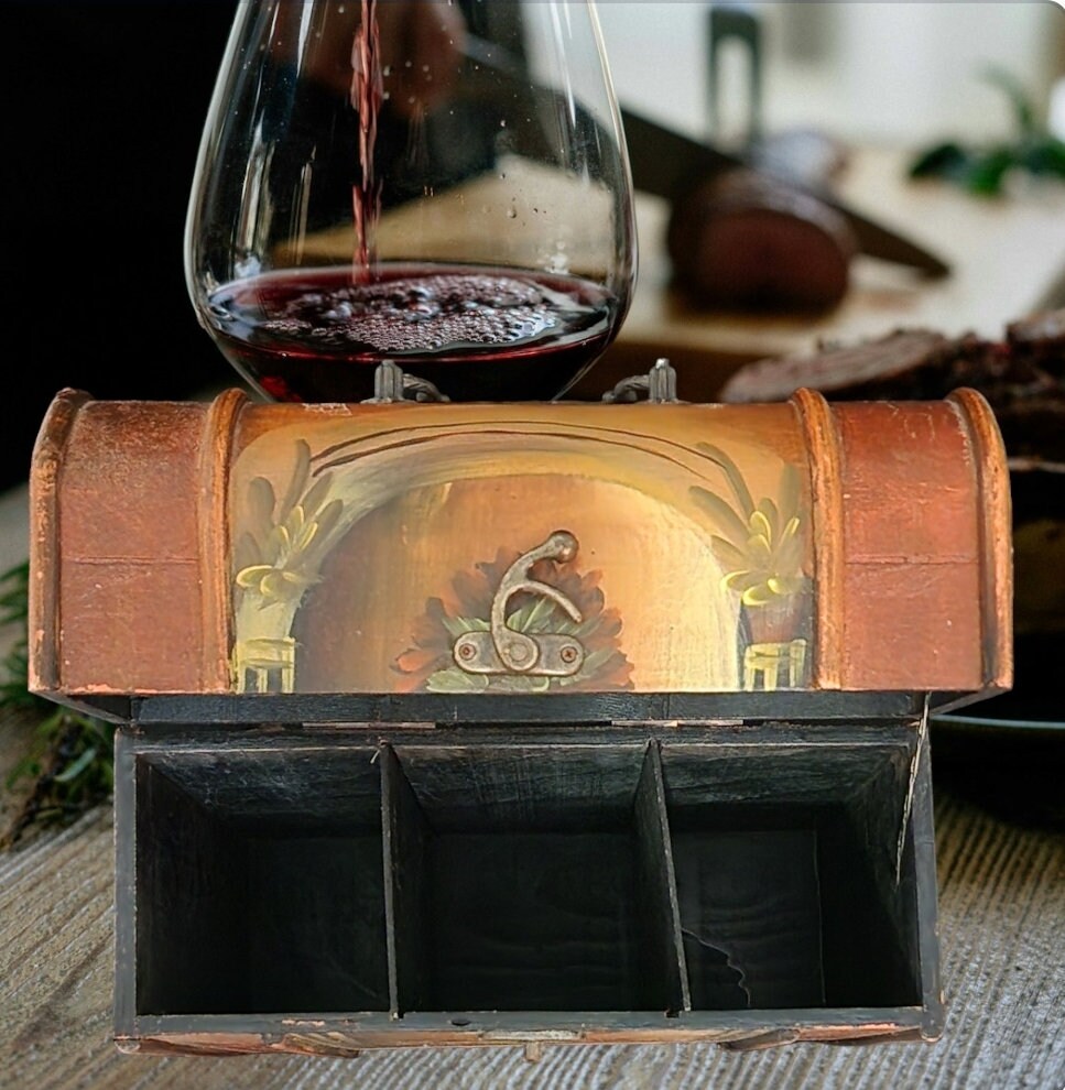 Decorative Vintage Distressed Wooden Triple Wine Box Chest Carrier ~ 13.5" - Timeless Treasures Emporium1
