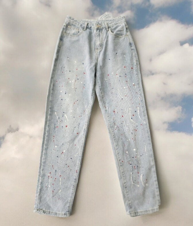 Shein High Waisted Slim Fit Light Blue Paint Splattered Jeans Women's Size S (US-4)
