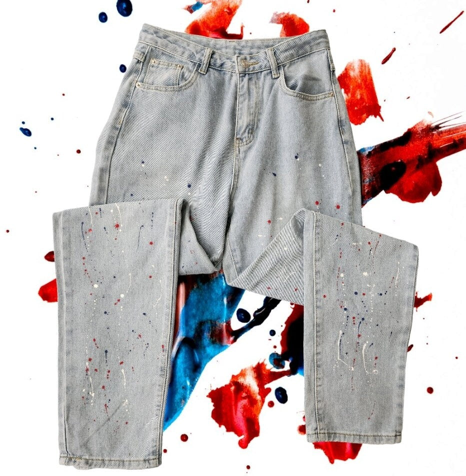 Shein High Waisted Slim Fit Light Blue Paint Splattered Jeans Women's Size S (US-4)