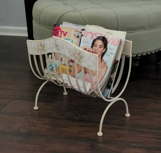 Vintage White Metal Magazine Record, Floral Painting, Book Storage Rack, Record Rack, Magazine Stand, Album Holder - Timeless Treasures Emporium1
