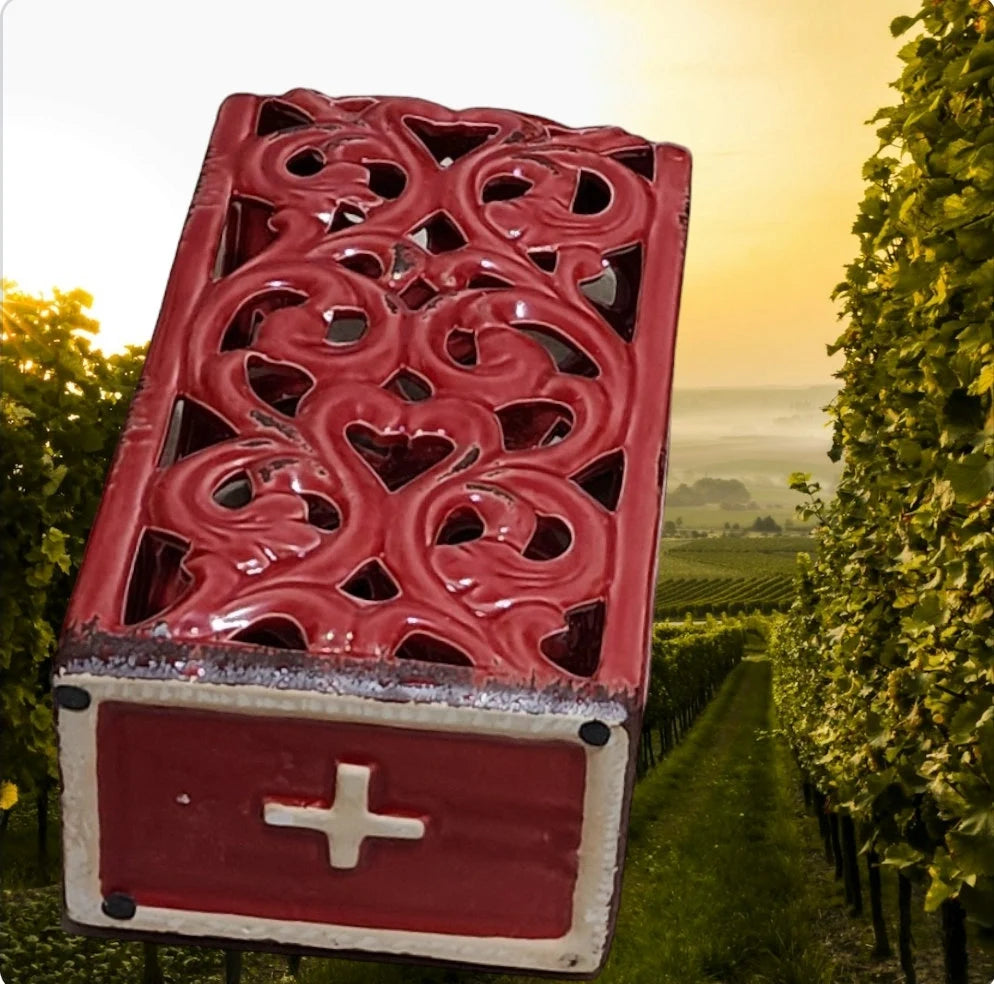 Drew Derose Glossy Faded Red Three Bottle 13" x 6.75 x 4.75" Ceramic Tabletop Wine Holder Rack W/Handle - Timeless Treasures Emporium1