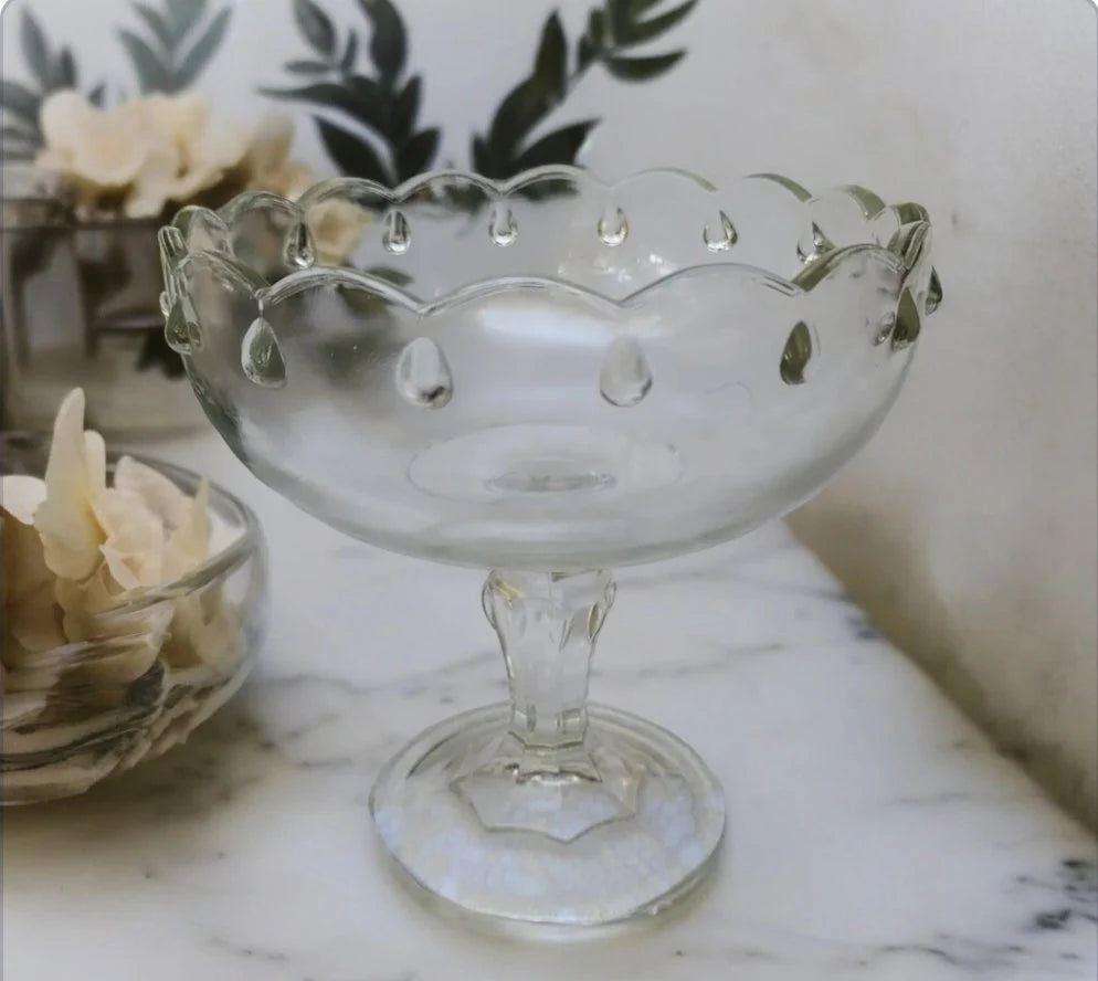 Vintage Indiana Glass Teardrop Design Clear Glass Compote Pedestal Compote Bowl 7.5” Scalloped - Timeless Treasures Emporium1