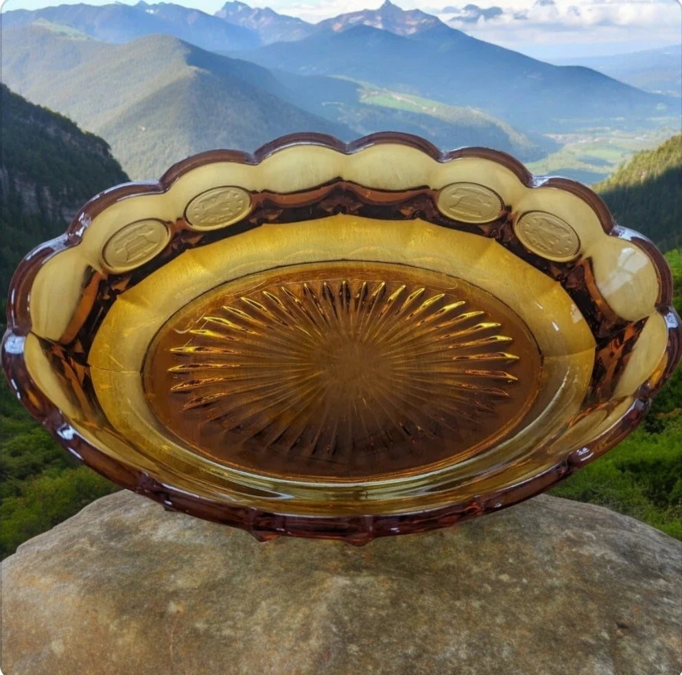 Vintage Fostoria Amber Coin Glass: Oval Amber Coin Bowl Americana #1372/189 VGC ~ 9"