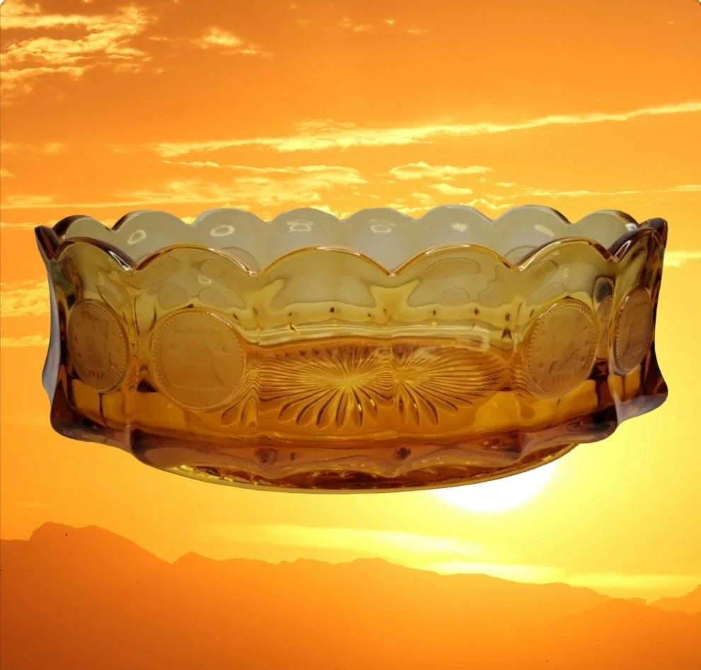 Vintage Fostoria Amber Coin Glass: Oval Amber Coin Bowl Americana #1372/189 VGC ~ 9"