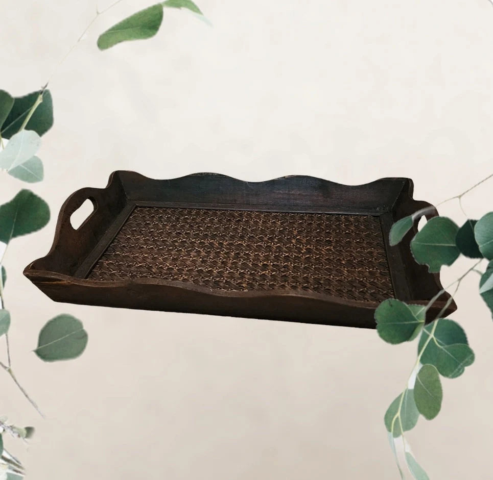 Vintage Wooden Wicker Rattan Serving Tray Coffee Table Tray With Handles ~ 19" x 14" x 2" - Timeless Treasures Emporium1