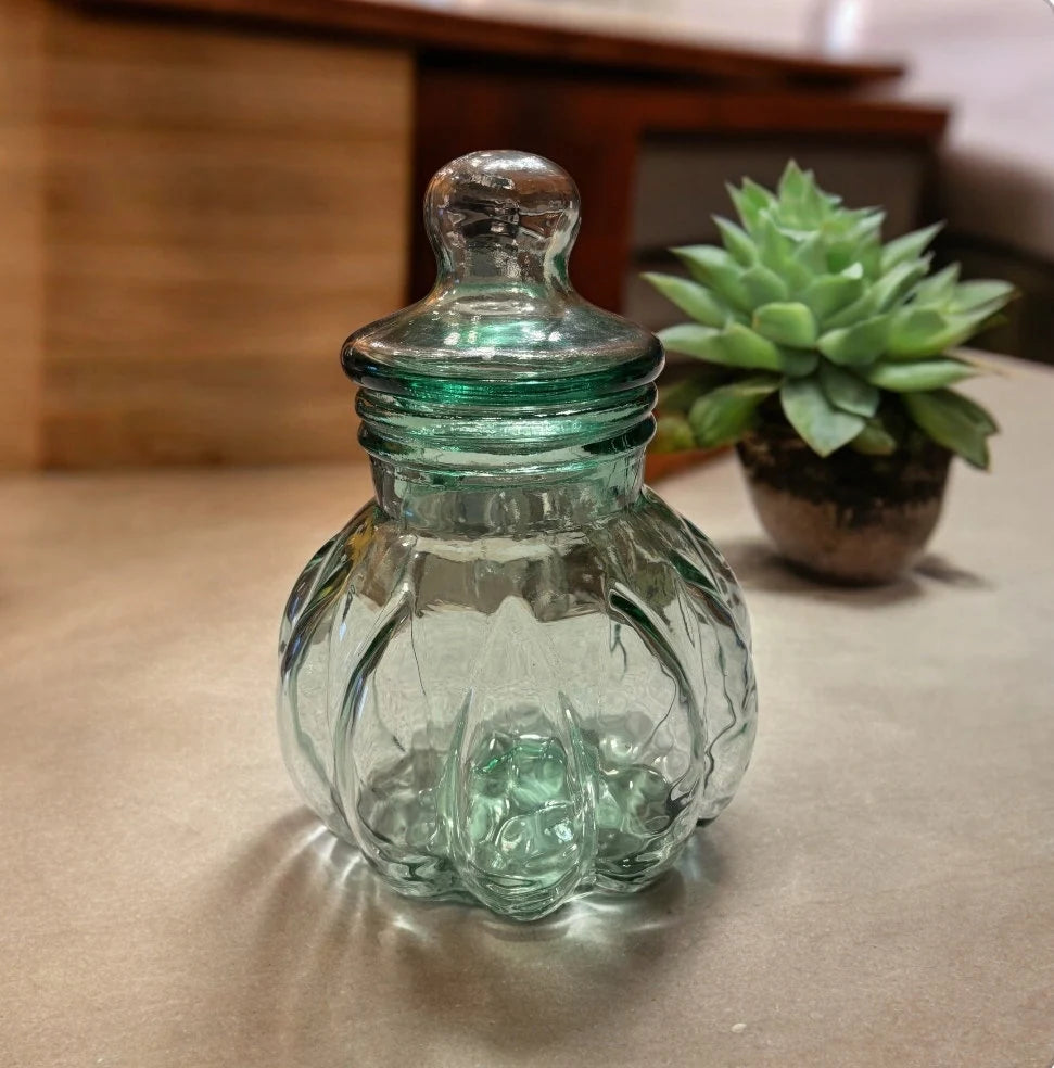 Vintage Heavy Green Glass Antique Pumpkin Shaped Apothecary Jar with Lid Candy Table Display Decoration Home Decor ~ 14"×10" - Timeless Treasures Emporium1