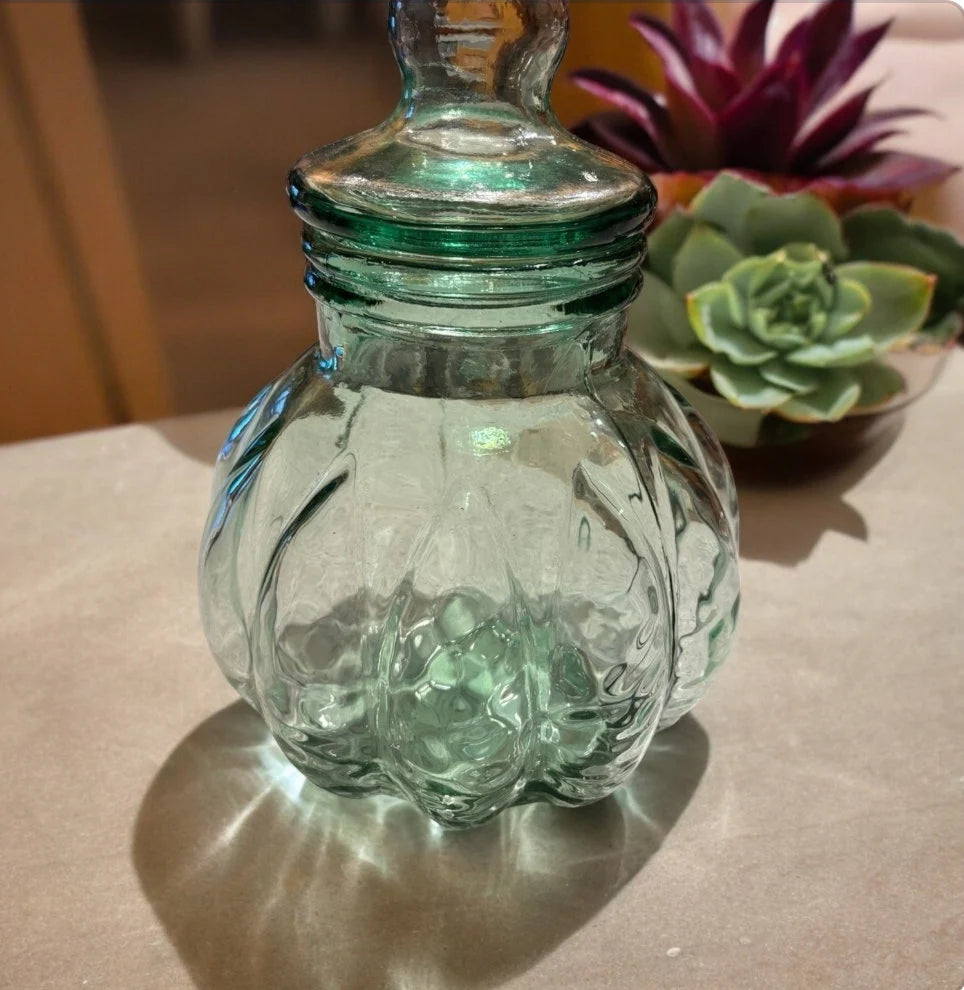 Vintage Heavy Green Glass Antique Pumpkin Shaped Apothecary Jar with Lid Candy Table Display Decoration Home Decor ~ 14"×10" - Timeless Treasures Emporium1