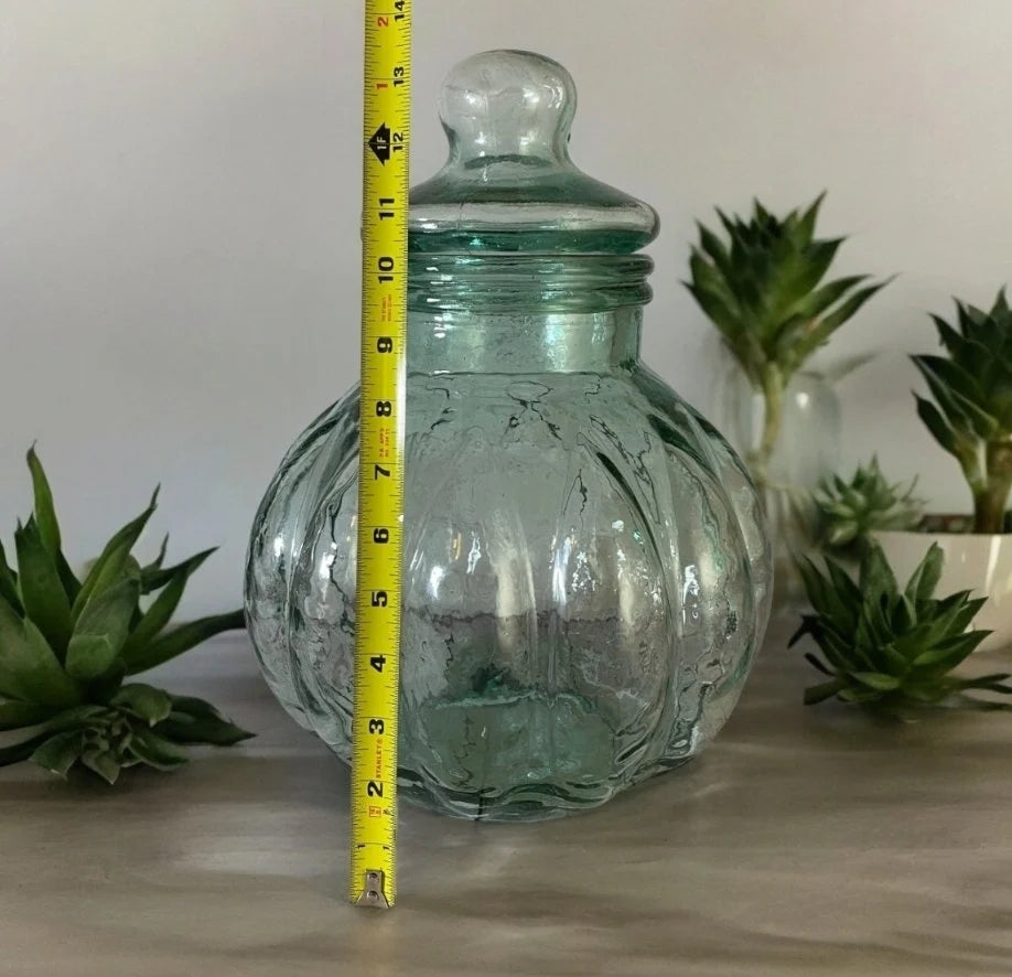 Vintage Heavy Green Glass Antique Pumpkin Shaped Apothecary Jar with Lid Candy Table Display Decoration Home Decor ~ 14"×10" - Timeless Treasures Emporium1