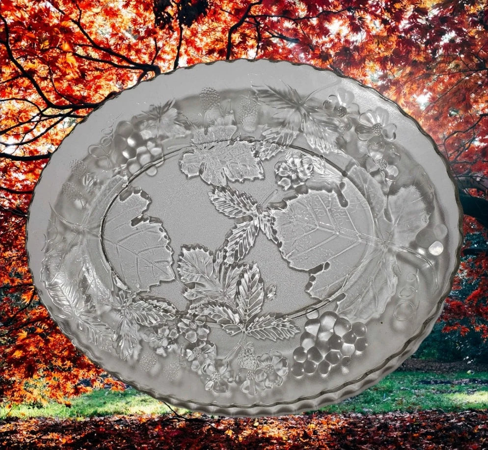Vintage Anchor Hocking AHC-100 Festive Holiday Fall Harvest Crystal 18" Clear Oval Serving Platter Pre-owned ~ Glass