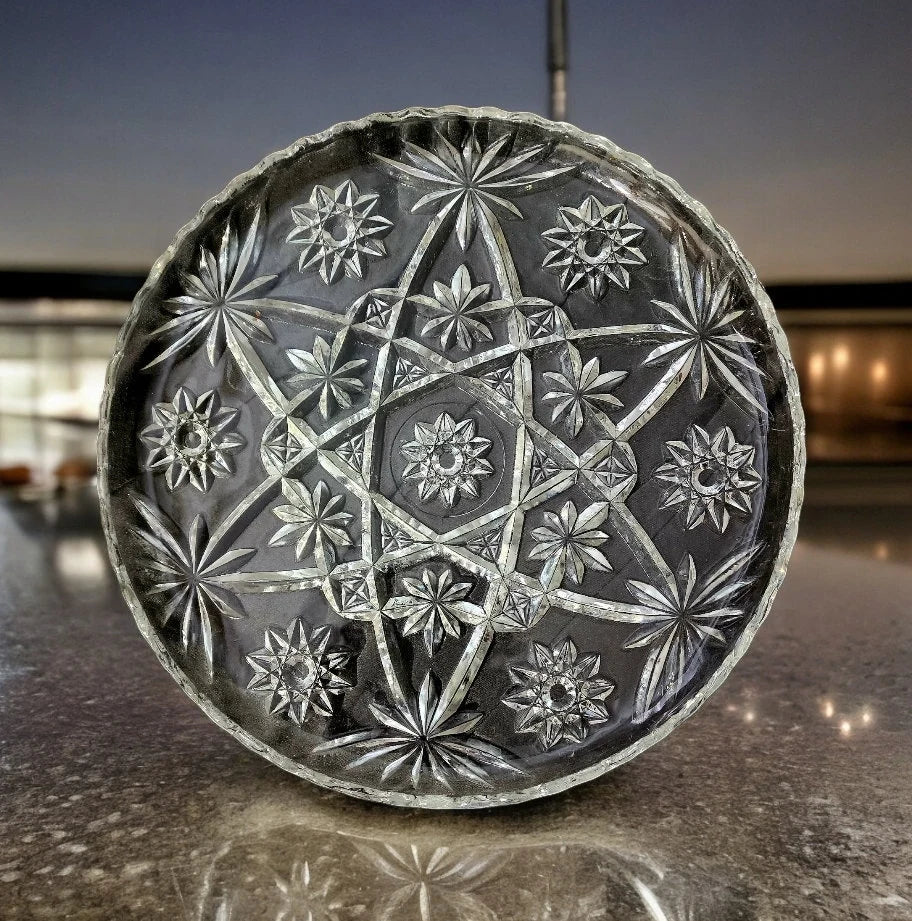 Vintage Anchor Hocking Star of David Precut Serving Platter Cake Plate - Clear Cupped Edge, 11"D