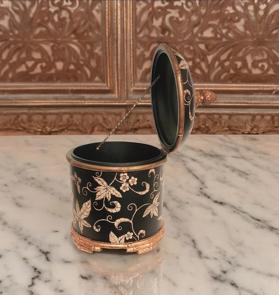 Vintage Asian Decorative Gilded Leaf Wooden Castilian Imports Table Box Footed Chest ~ 15"×10"