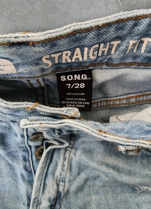 SONG Jeans 7/28 Waist Womens Ankle Straight Fit Distressed Ripped Raw Hem Vintage Rigid Denim