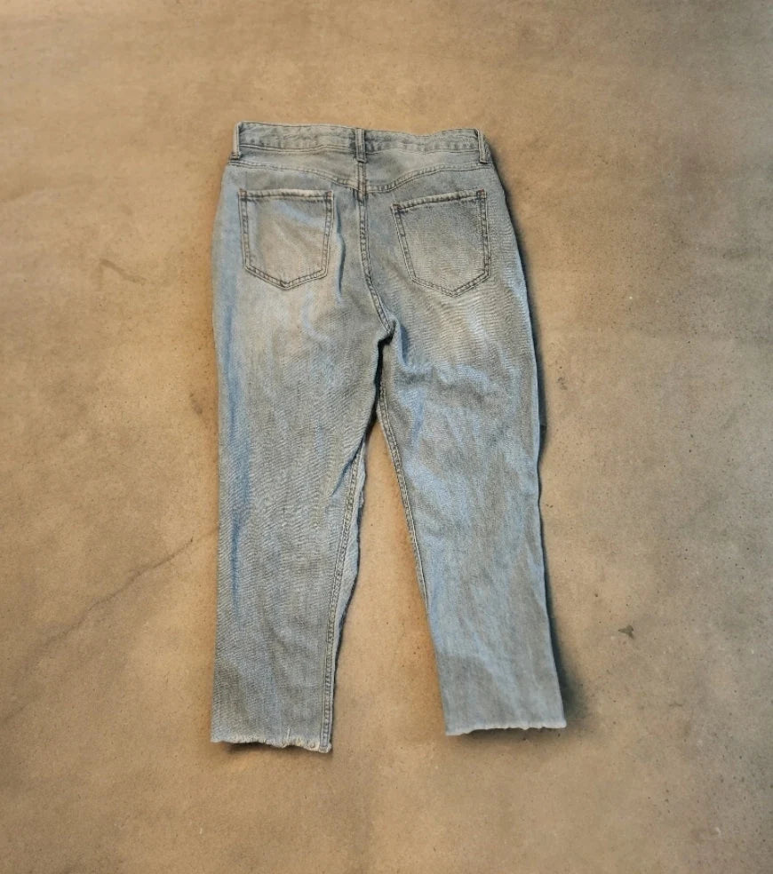 SONG Jeans 7/28 Waist Womens Ankle Straight Fit Distressed Ripped Raw Hem Vintage Rigid Denim