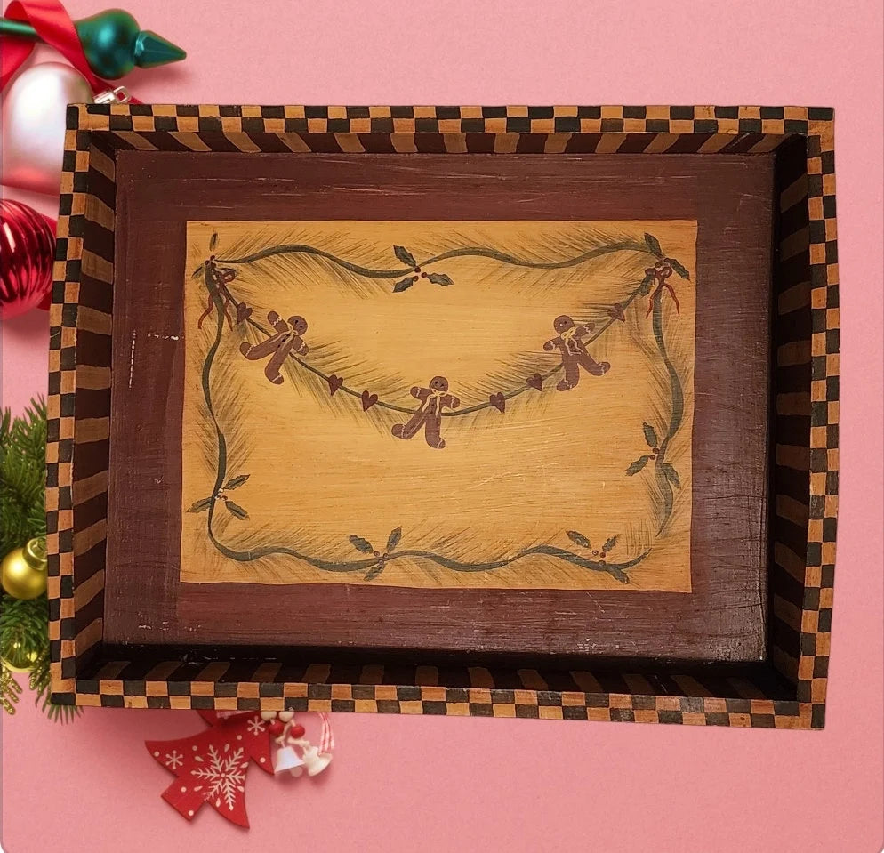 Rustic Wooden Gingerbread Serving Tray Rectangular Shape Serving Tray with Built-in Handles for Rustic Home Decor