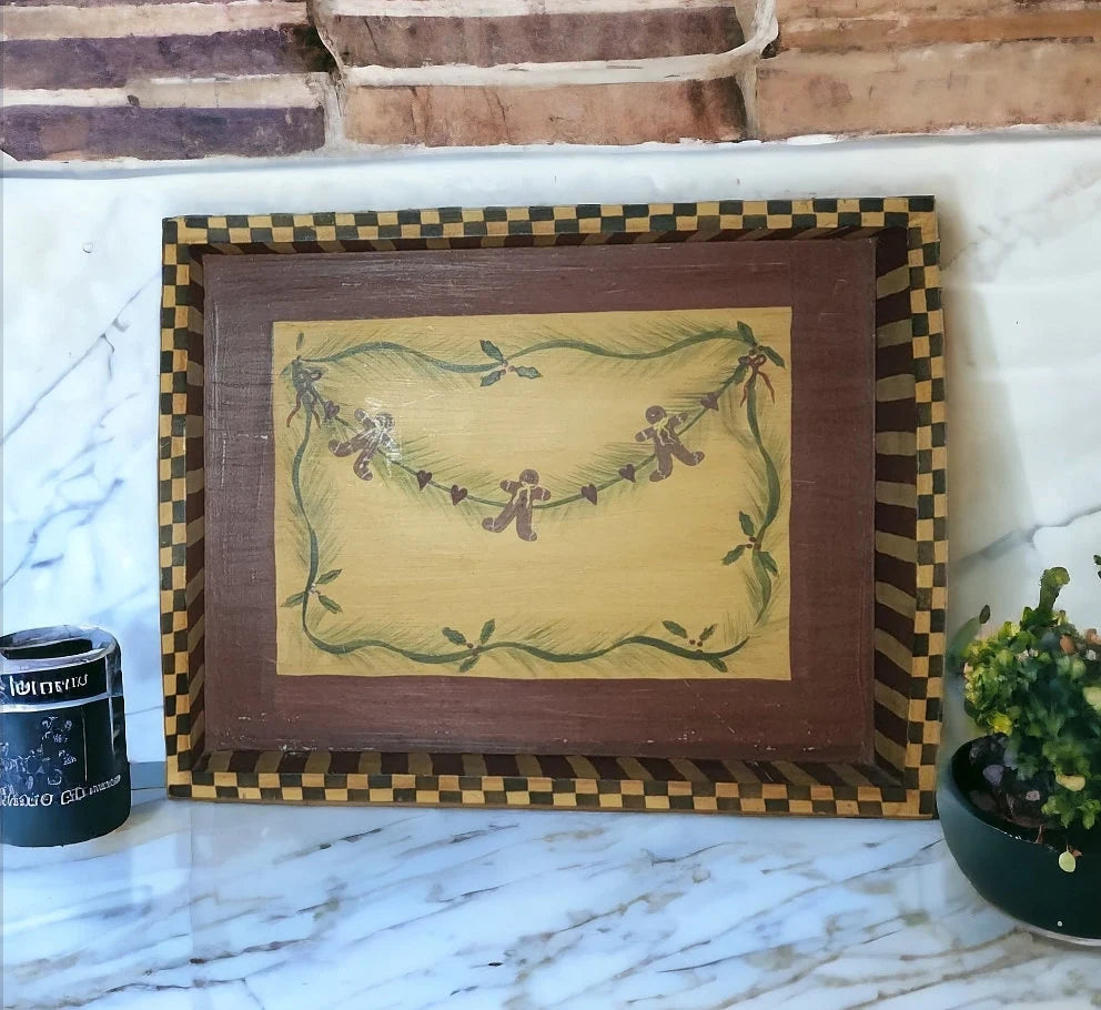 Rustic Wooden Gingerbread Serving Tray Rectangular Shape Serving Tray with Built-in Handles for Rustic Home Decor