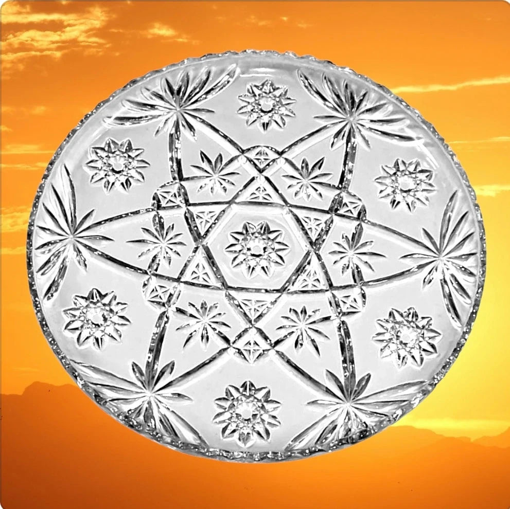 Vintage Anchor Hocking Star of David Precut Serving Platter Cake Plate - Clear Cupped Edge, 13.5"D