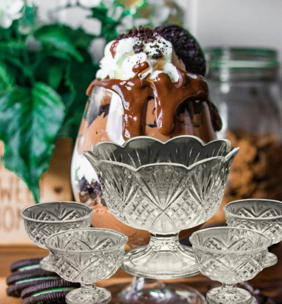 Dublin Crystal 5 Piece Scalloped Footed Trifle Bowl 75oz & Ice Cream Bowl 10oz Set - Timeless Treasures Emporium1