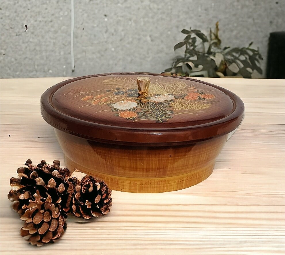 Vintage Lacquerware Faux Wood 1960’s Otagiri Plastic Lidded Brown Wheat w/Orange Floral Dish / Case / Box ~ 3-Piece Set