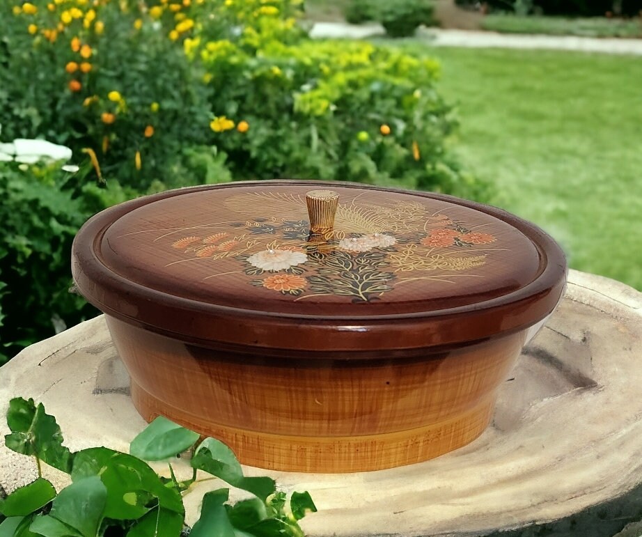 Vintage Lacquerware Faux Wood 1960’s Otagiri Plastic Lidded Brown Wheat w/Orange Floral Dish / Case / Box ~ 3-Piece Set