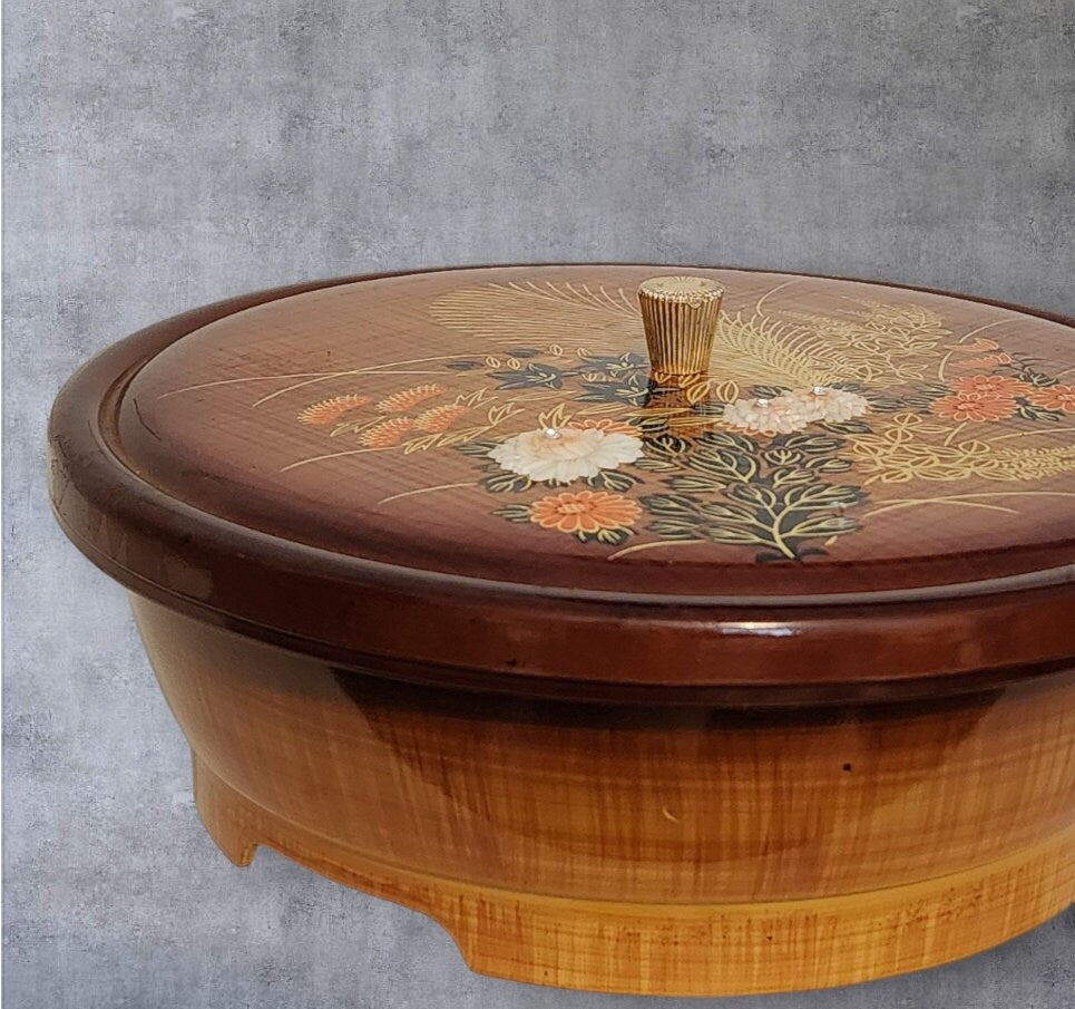 Vintage Lacquerware Faux Wood 1960’s Otagiri Plastic Lidded Brown Wheat w/Orange Floral Dish / Case / Box ~ 3-Piece Set
