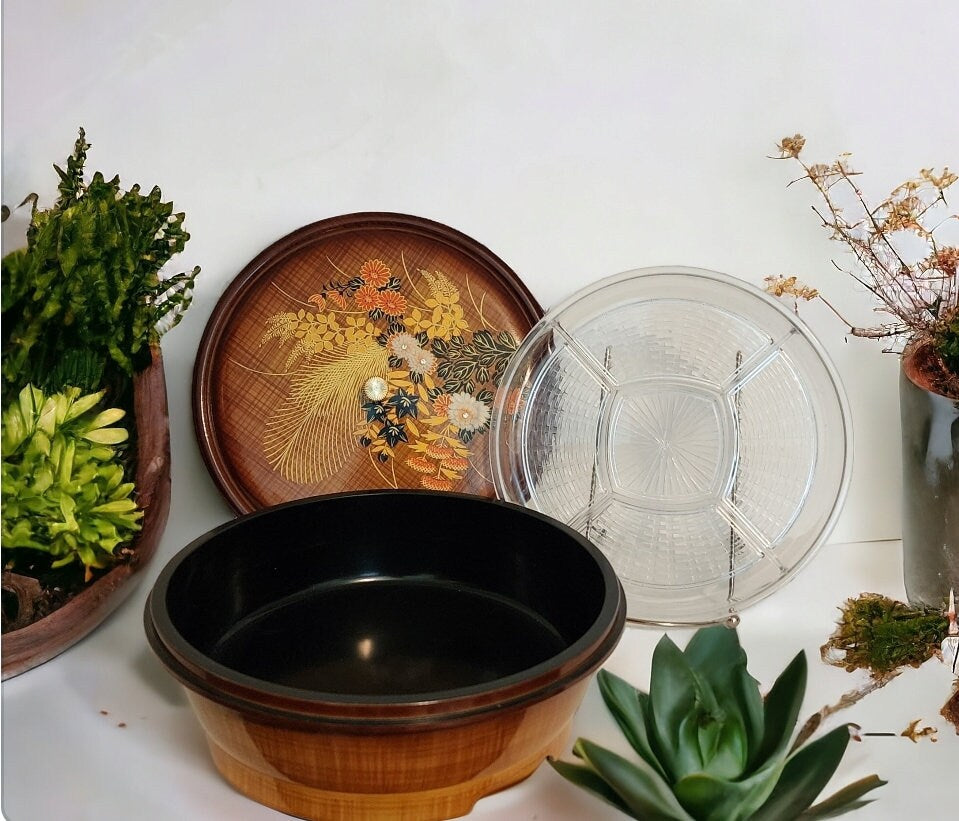 Vintage Lacquerware Faux Wood 1960’s Otagiri Plastic Lidded Brown Wheat w/Orange Floral Dish / Case / Box ~ 3-Piece Set