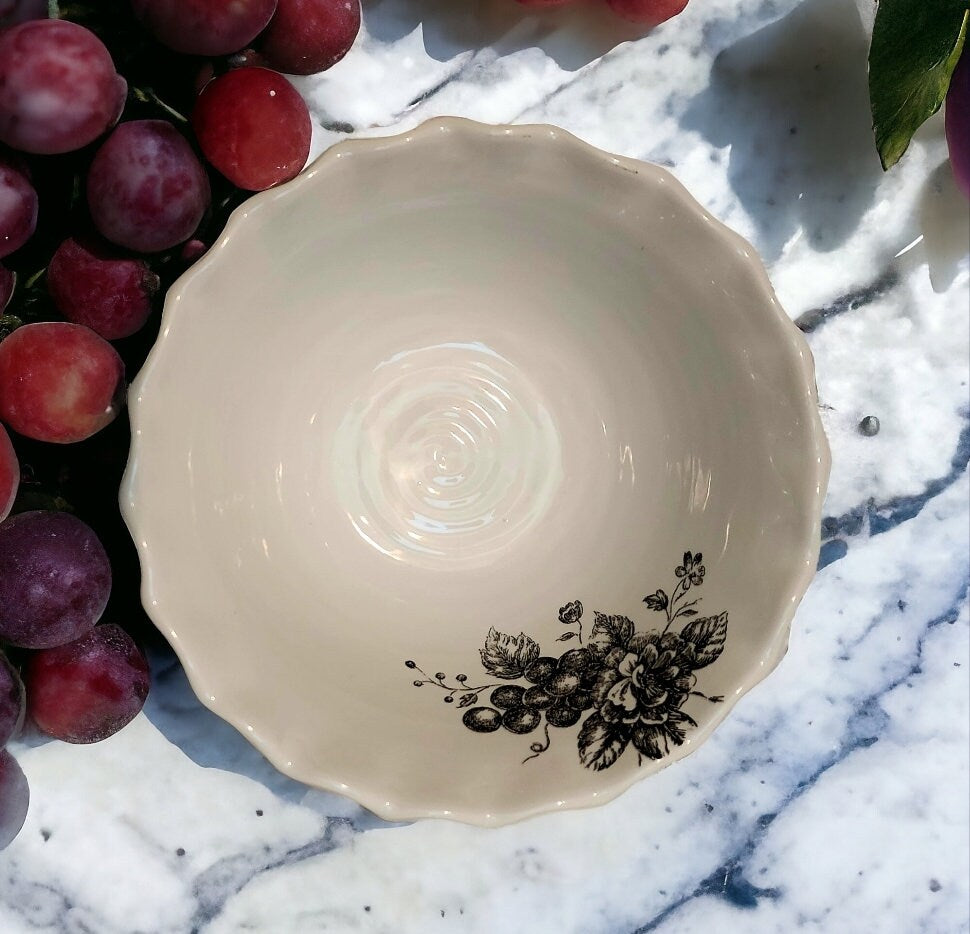Large TOILE Black on White Decorative Bowl Grapes and Roses Design Porcelain Serving Bowl ~ 10" Wide - Timeless Treasures Emporium1