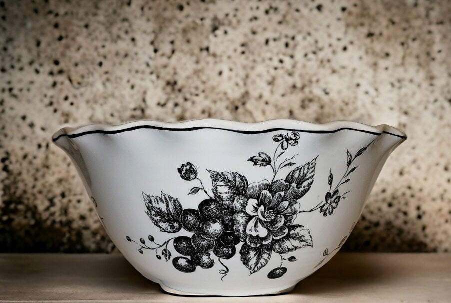 Large TOILE Black on White Decorative Bowl Grapes and Roses Design Porcelain Serving Bowl ~ 10" Wide - Timeless Treasures Emporium1