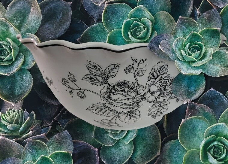 Large TOILE Black on White Decorative Bowl Grapes and Roses Design Porcelain Serving Bowl ~ 10" Wide - Timeless Treasures Emporium1