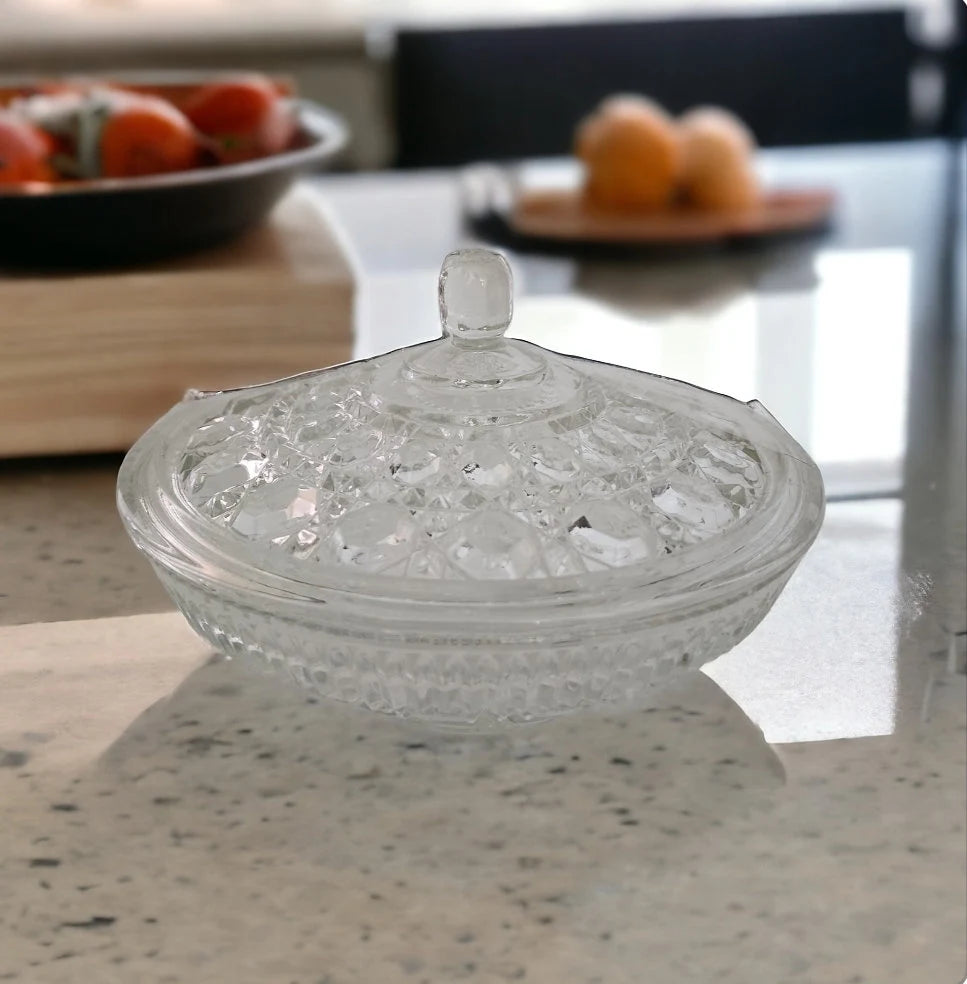 Vintage Indiana Glass Clear Covered Candy Dish With Lid Windsor Royal Brighton Button and Cane Pattern - Timeless Treasures Emporium1