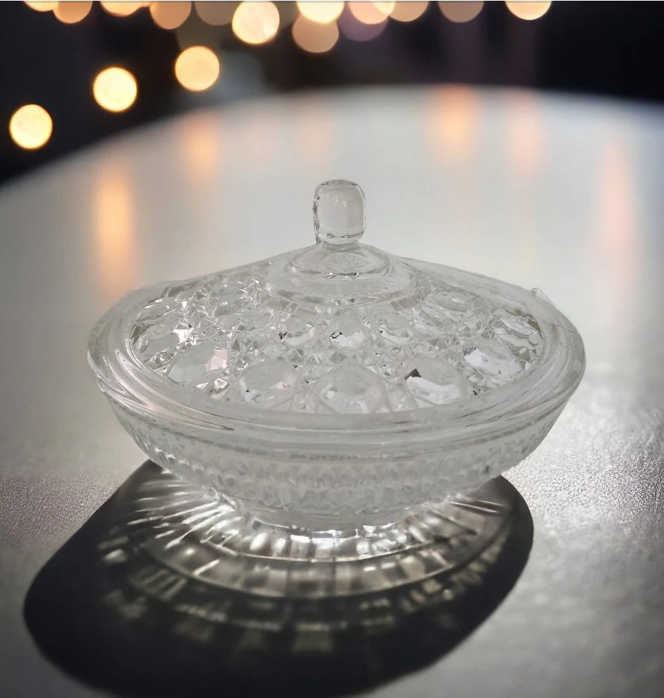 Vintage Indiana Glass Clear Covered Candy Dish With Lid Windsor Royal Brighton Button and Cane Pattern - Timeless Treasures Emporium1