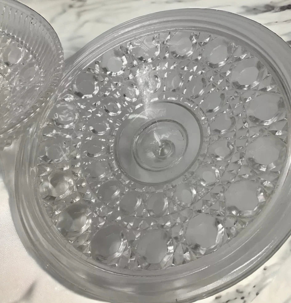 Vintage Indiana Glass Clear Covered Candy Dish With Lid Windsor Royal Brighton Button and Cane Pattern - Timeless Treasures Emporium1