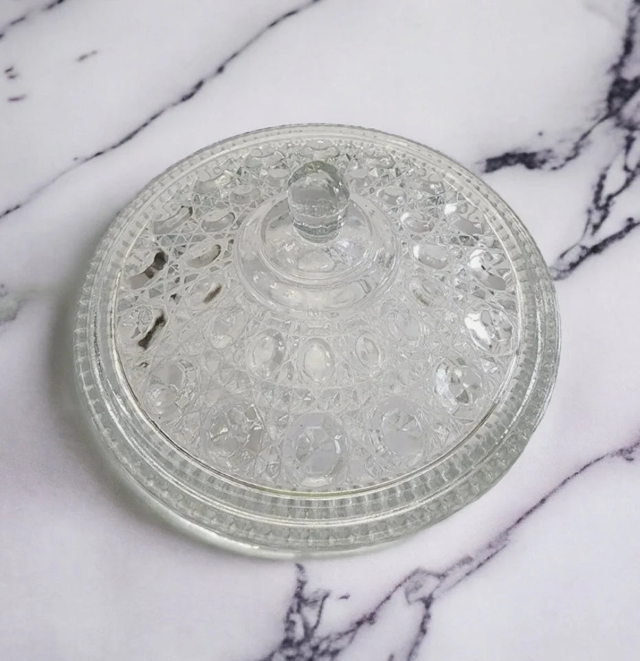 Vintage Indiana Glass Clear Covered Candy Dish With Lid Windsor Royal Brighton Button and Cane Pattern - Timeless Treasures Emporium1