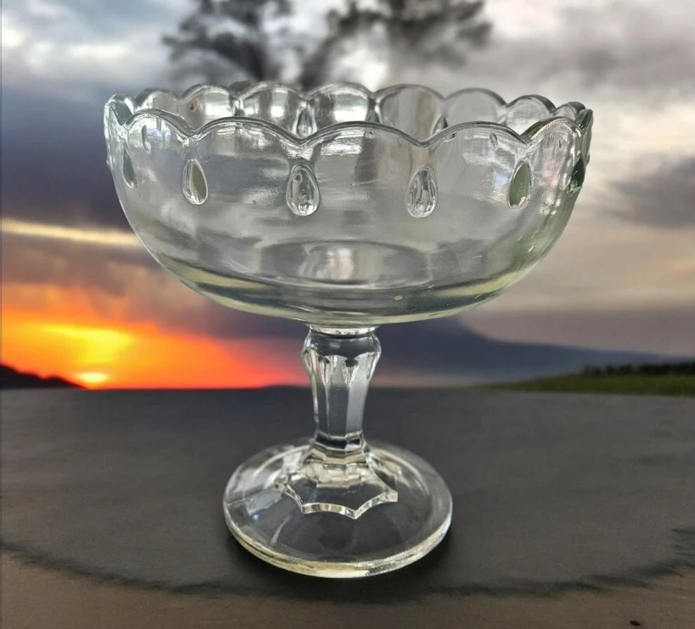 Vintage Indiana Glass Teardrop Design Clear Glass Compote Pedestal Compote Bowl 7.5” Scalloped - Timeless Treasures Emporium1