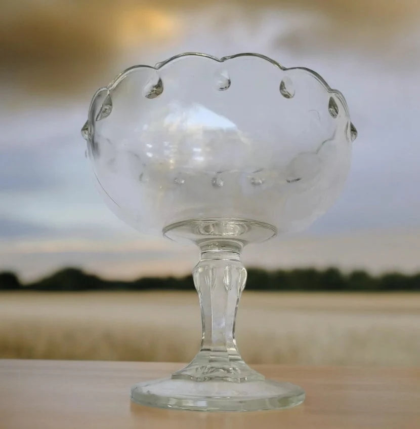 Vintage Indiana Glass Teardrop Design Clear Glass Compote Pedestal Compote Bowl 7.5” Scalloped - Timeless Treasures Emporium1
