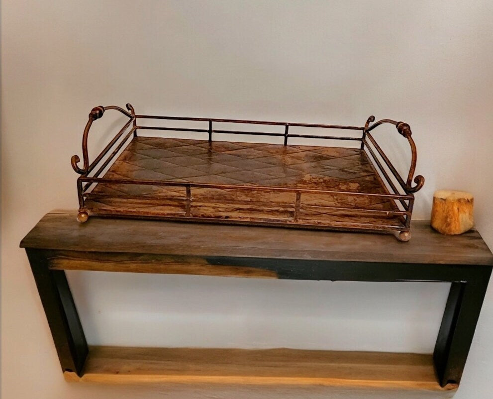 Timeless Vintage Rustic Distressed Finished All Metal Footed Tray ~ 20"