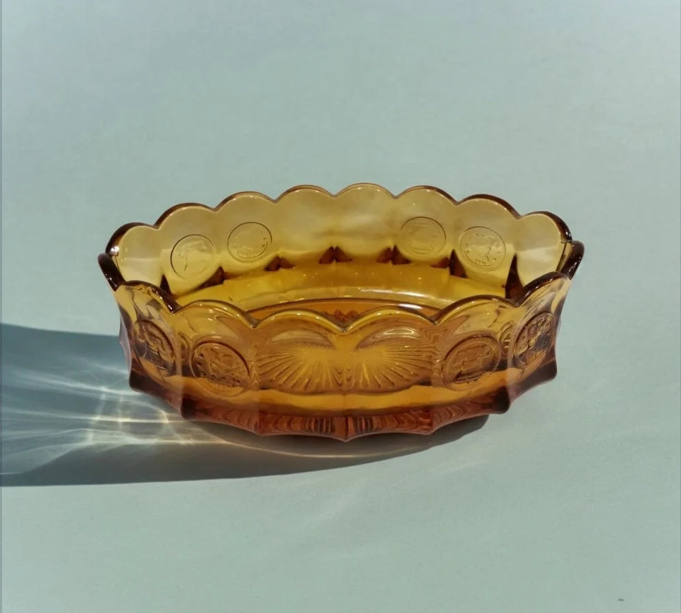 Vintage Fostoria Amber Coin Glass: Oval Amber Coin Bowl Americana #1372/189 VGC ~ 9"