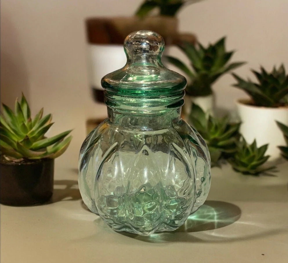 Vintage Heavy Green Glass Antique Pumpkin Shaped Apothecary Jar with Lid Candy Table Display Decoration Home Decor ~ 14"×10" - Timeless Treasures Emporium1