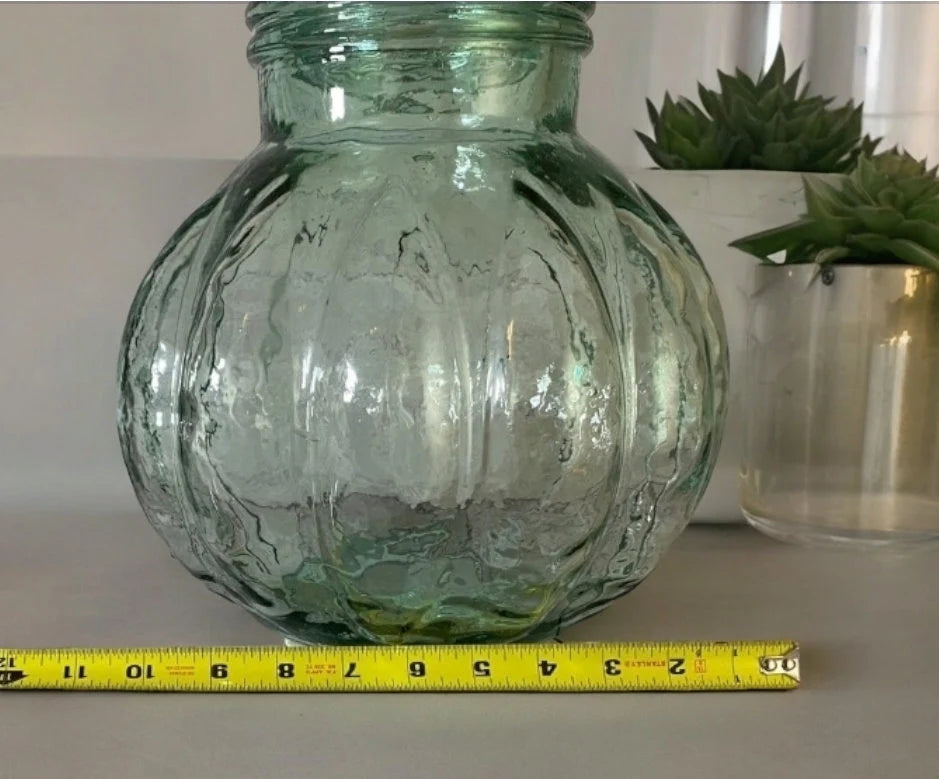 Vintage Heavy Green Glass Antique Pumpkin Shaped Apothecary Jar with Lid Candy Table Display Decoration Home Decor ~ 14"×10" - Timeless Treasures Emporium1