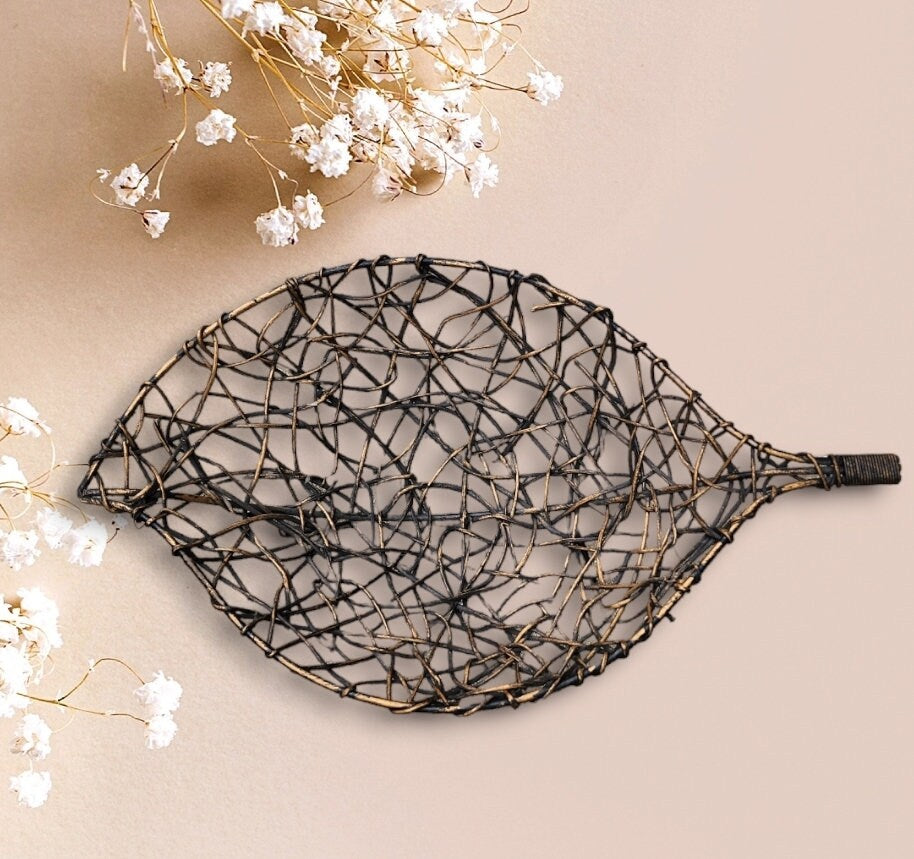 Gorgeous Mid Century Vintage Woven Leaf Shaped Brown Twig Wicker Basket Centerpiece Home Decor with Iron Ball Feet ~ 16" - Timeless Treasures Emporium1