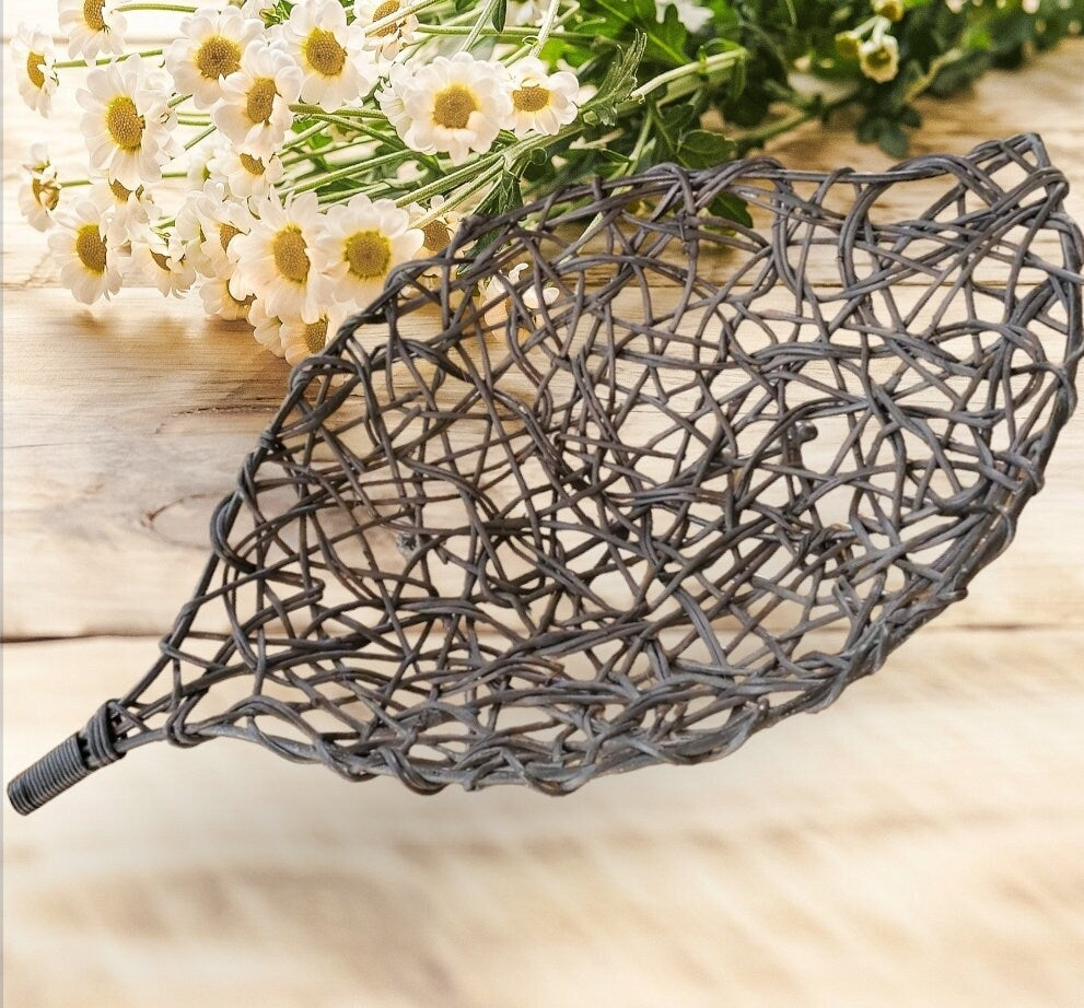 Gorgeous Mid Century Vintage Woven Leaf Shaped Brown Twig Wicker Basket Centerpiece Home Decor with Iron Ball Feet ~ 16" - Timeless Treasures Emporium1
