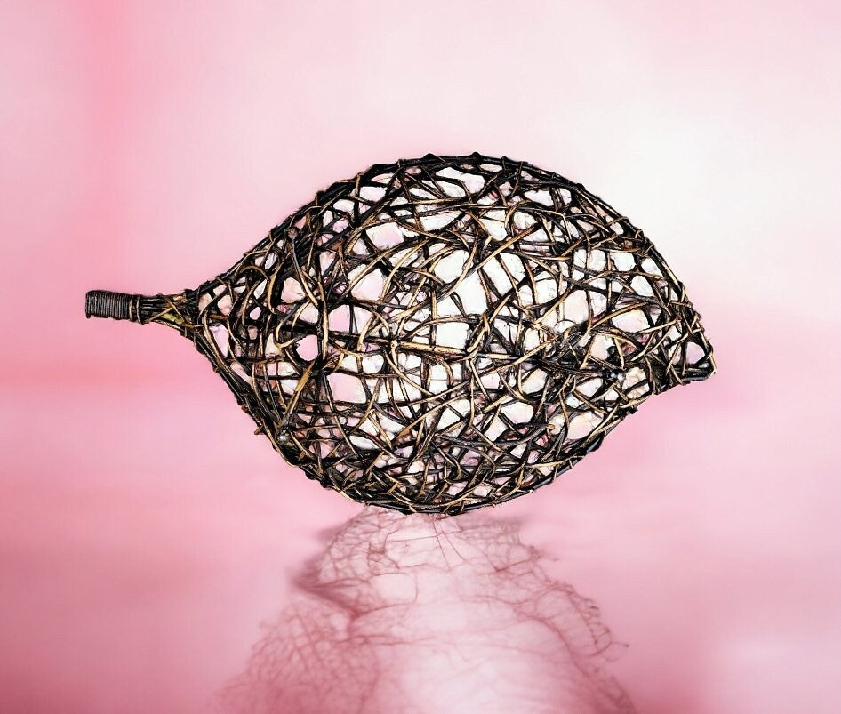 Gorgeous Mid Century Vintage Woven Leaf Shaped Brown Twig Wicker Basket Centerpiece Home Decor with Iron Ball Feet ~ 16" - Timeless Treasures Emporium1
