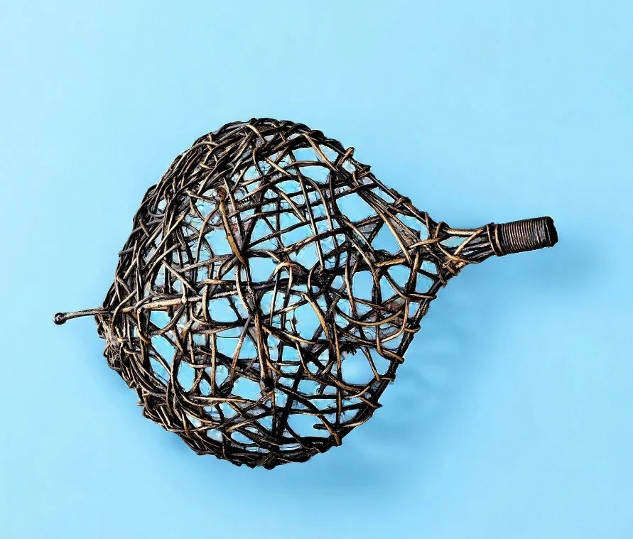Gorgeous Mid Century Vintage Woven Leaf Shaped Brown Twig Wicker Basket Centerpiece Home Decor with Iron Ball Feet ~ 16" - Timeless Treasures Emporium1