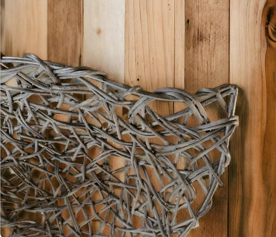 Gorgeous Mid Century Vintage Woven Leaf Shaped Brown Twig Wicker Basket Centerpiece Home Decor with Iron Ball Feet ~ 16" - Timeless Treasures Emporium1
