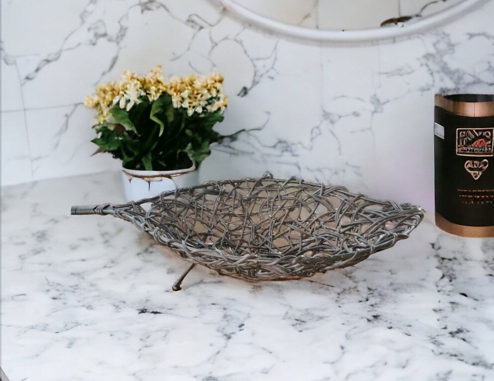 Gorgeous Mid Century Vintage Woven Leaf Shaped Brown Twig Wicker Basket Centerpiece Home Decor with Iron Ball Feet ~ 16" - Timeless Treasures Emporium1
