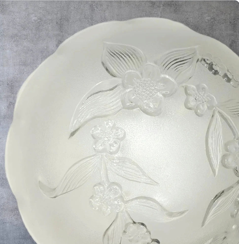 Glass Salad Bowl Dogwood Pattern On Frosted Background Vintage Scalloped Edge Glass Bowl with Embossed Flower Design - Timeless Treasures Emporium1