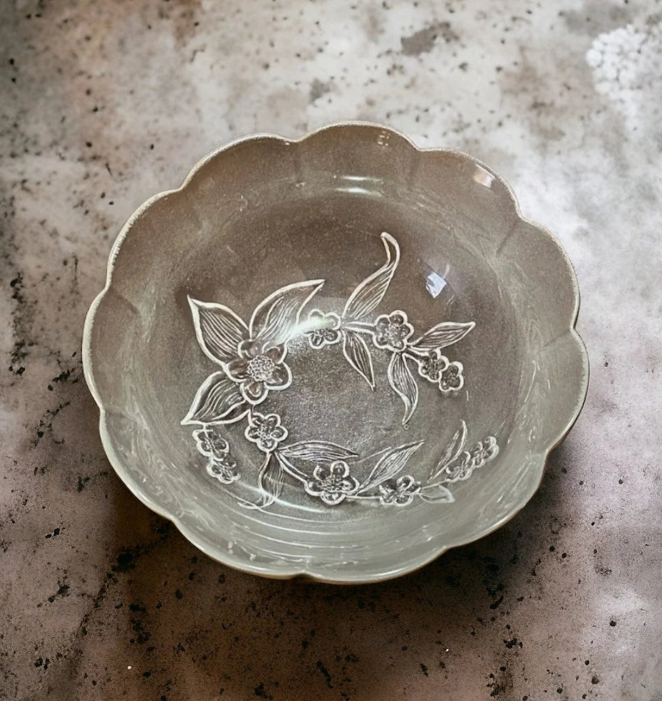 Glass Salad Bowl Dogwood Pattern On Frosted Background Vintage Scalloped Edge Glass Bowl with Embossed Flower Design - Timeless Treasures Emporium1