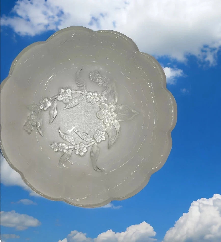 Glass Salad Bowl Dogwood Pattern On Frosted Background Vintage Scalloped Edge Glass Bowl with Embossed Flower Design - Timeless Treasures Emporium1
