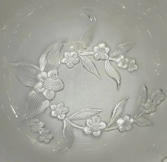 Glass Salad Bowl Dogwood Pattern On Frosted Background Vintage Scalloped Edge Glass Bowl with Embossed Flower Design - Timeless Treasures Emporium1